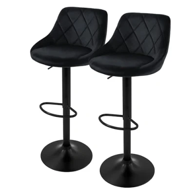 Afbeelding van Barkruk set van 2 zwart fluwelen bekleding met rugleuning en voetensteun in hoogte verstelbaar 62 82cm ML Design