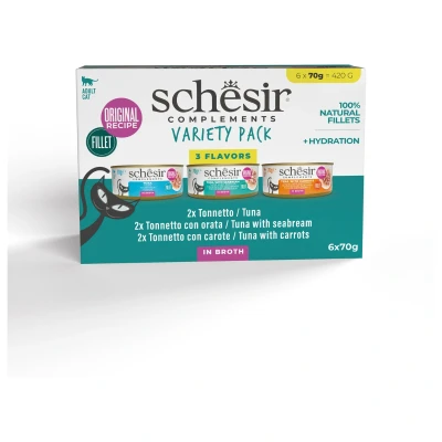 Afbeelding van Schesir Complete In Bouillon Kattenvoer Tonijn Zeebrasem Wortel 6x70 g Variety Pack