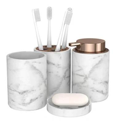 Afbeelding van Badkamerset, 4 delig, met tandenborstelbeker, tandenborstelhouder, zeepbakje en zeepdispenser, badkameraccessoireset mooie accessoires in marmerlook (wit koper)