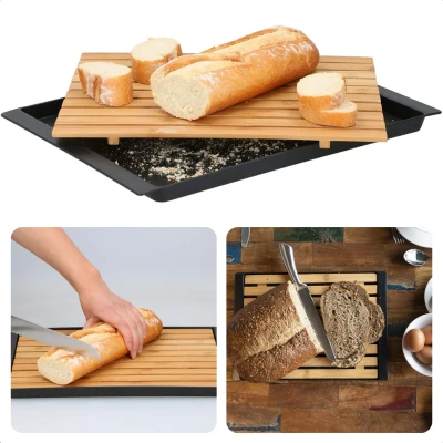 Afbeelding van Cheqo® Bamboe Snijplank met Opvangbak en Handige Lade 38x27cm Broodsnijplank Kruimelvanger Broodplank