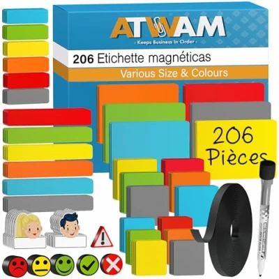 Afbeelding van ATWAM 206 delig Whiteboard Magneten voor Whiteboard, Magneetbord, Memobord of Magnetisch Tekenbord Post it Notes Herschrijfbare op Koelkast Scrum Mega Set XL