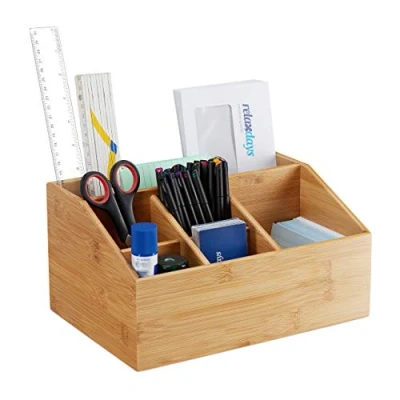 Afbeelding van Relaxdays bureau organizer bamboe pennenbakje pennenhouder 6 vakken opbergsysteem