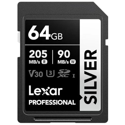 Afbeelding van Lexar Professionele SDXC UHS I geheugenkaart, zilver, 64 GB, tot 205 MB/s lezen, 90 schrijven, klasse 10, U3, V30