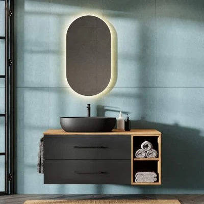 Afbeelding van Planetmöbel LUX Badkamermeubel met wastafel 120 cm, zwart 60 spiegel 50 cm (zonder led), eiken goud/antraciet