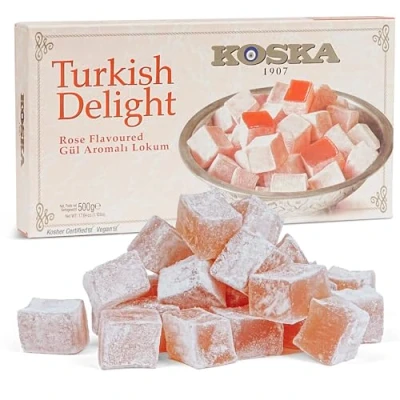 Image de Loukoums à la Rose, Délice turc au goût de rose Koska Format cadeau 500 gr Confiserie traditionnelle luxe Vegan Halal Casher bonbons mous Dessert Lokum (Loukoumi) Sans Gluten