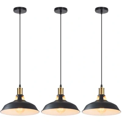 Afbeelding van iDEGU 3 stuks industriële retro kroonluchter hanglamp van metaal, 27 cm, vintage plafondlamp E27, plafondverlichting voor eetkamer, woonkamer, slaapkamer, restaurant, café (zwart + wit)