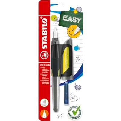 Afbeelding van Stabilo 51568 3 voor vulpen Easy Buddy in inktkleur blauw (afwisbaar) met 2 patronen veer linkshandigen L zwart/limoengroen