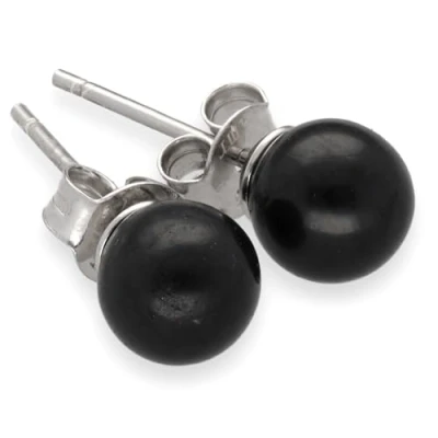 Afbeelding van Zwarte Toermalijn Oorbellen / Schorl Edelsteen Bal/Parel Ø 6 mm 925 Zilver, Metaal halfedelsteen, Toermalijn,