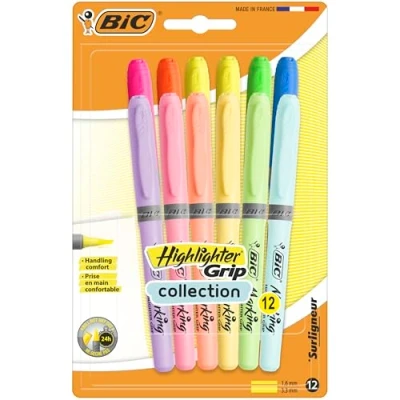 Afbeelding van BIC Highlighter Grip Markeerstift Assorti Fluo en Pastel Kleuren Pak van 12