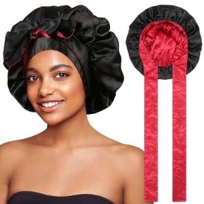 Afbeelding van Coubeau Satijnen slaapmuts voor dames, zijden slaapmuts, Zwart en rood.