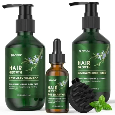 Image de Lot de 3 shampoings et après shampoing au romarin avec biotine menthe, shampooing bio anti chute cheveux, nettoie les cheveux maintient la santé du cuir chevelu, cadeau pour homme femme