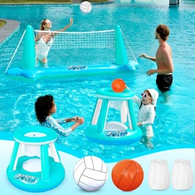 Afbeelding van JOYIN Opblaasbare zwembadvlotterset, volleybalnet, basketbalmanden, ballen voor kinderen en volwassenen, zwembadspel, volleybal, basketbal, zomerspeelgoed, sport