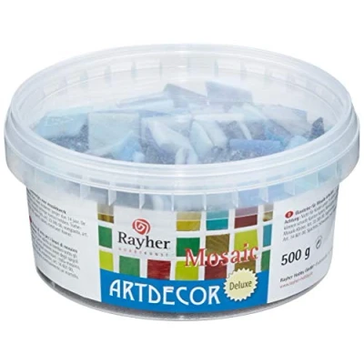 Afbeelding van Rayher Hobby 1453408 ArtDecor Deluxe mozaïekstenen van glas, mix blauwe tinten, vierkante vorm 2 x cm, emmer 500 g (ca. 160 stuks)