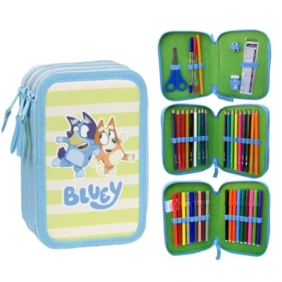 Afbeelding van CARTOON etui met meerdere vakken, 3 ritssluitingen voor school, complete kleurpotloden, viltstiften, Bluey,