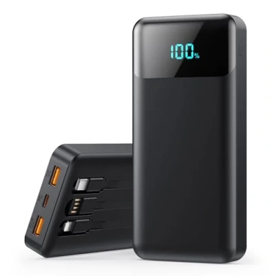 Afbeelding van powerbank 26800 mAh, met geïntegreerde kabels 25 W PD snel opladen draagbare USB C oplader 5 uitgangen en 2 ingangen lcd display voor iPhone 16/15, Samsung ect (zwart)