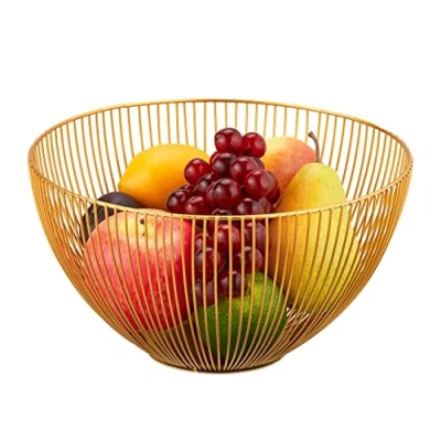 Afbeelding van Relaxdays fruitschaal goud rond 25 cm fruitmand metaal decoratie broodmand open