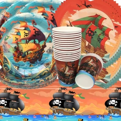 Afbeelding van Doyomtoy Set van 61 feestdecoraties Piraten Verjaardagsborden Kopjes Tafelkleden voor kinderen verjaardag