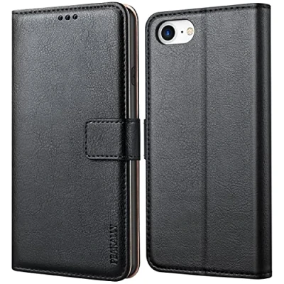 Afbeelding van Peakally Beschermhoes voor iPhone SE 2022 5G/SE 2020/6/6S/7/8, premium PU lederen klaphoes, portemonnee, magneetsluiting, zwart