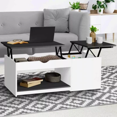 Image de Table basse 2 plateaux relevables EYLA avec coffre bois blanc et gris
