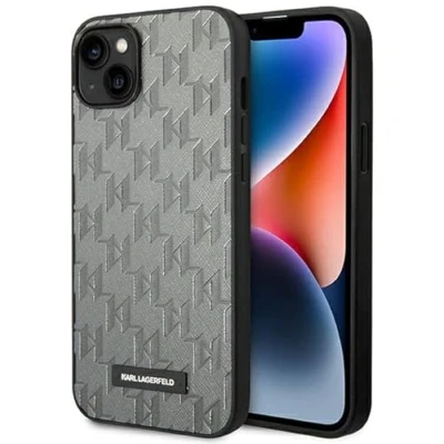 Afbeelding van Karl Lagerfeld iPhone 14 Hardcase Backcover Saffiano Leather Metal Logo Grijs