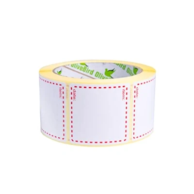 Afbeelding van OliveBird 500 x afneembare etiketten op rol, formaat 50 mm, vierkant, wit en rood, datumetiketten voor herbruikbare containers.