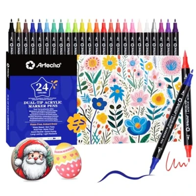 Afbeelding van Artecho Lot de 24 marqueurs acryliques étanches à double pointe (pinceau et fine) 0,5 5 mm avec extrémité pour peinture sur roche, verre, papier, bois, œuf, toile, céramique, tissu,
