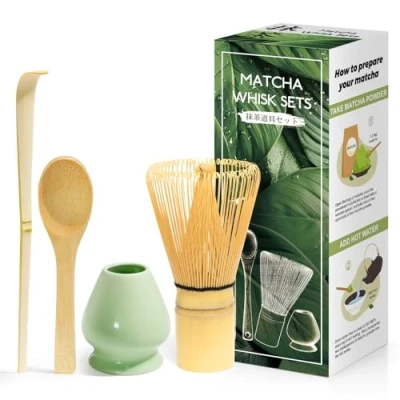 Afbeelding van 4 delige matcha set Japanse ceremonies, natuurlijke bamboe garde, lepel, schep, gardehouder, voor theeceremonie, drank Celadonblauw
