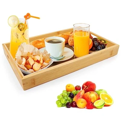 Afbeelding van dienblad serveerblad, bamboe met handgrepen, houten dienblad, serveerplateau, rechthoekig, serveerplateau voor ontbijt, thee, salontafel (35 x 22 4 cm)