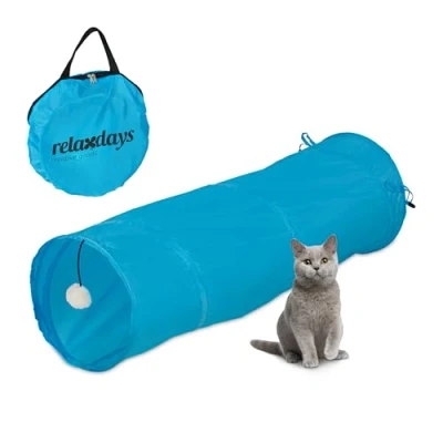 Afbeelding van Relaxdays kattentunnel 90 cm polyester met speeltje speeltunnel katten rond blauw