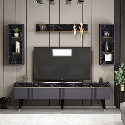 Afbeelding van Homidea KARYA tv kast, woonkamerkast, kast met 3 deuren in modern design (antraciet/marmer)