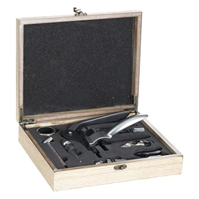 Afbeelding van Sommelier Kit Houten koffer 9 delig wijnaccesoires Giftset voor wijn liefhebbers