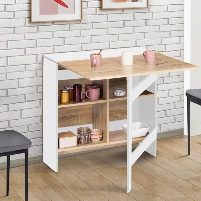 Afbeelding van Table console pliable EDI 2 6 personnes avec rangements bois blanc plateau façon hêtre 150 x 80 cm