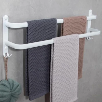 Afbeelding van Handdoekenrek wandgemonteerde 2 verdiepingen badkamer handdoekhouder met haken aluminium handdoekrek voor keuken, badkamer, hotel, 60 cm