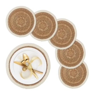 Afbeelding van Relaxdays placemat gevlochten set van 6 waterhyacint ronde onderleggers Ø 36 cm