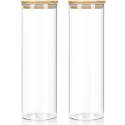 Afbeelding van Set van 2 glazen voorraadpotten met bamboedeksel 1400 ml luchtdichte spaghettidozen voor de keuken versterkt borosilicaatglas