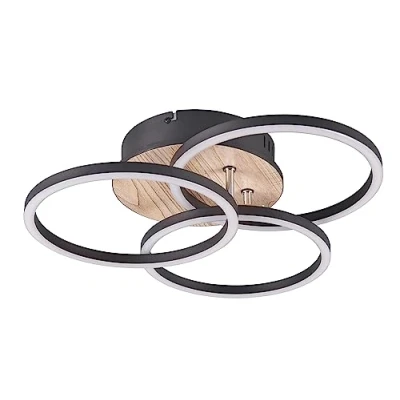 Afbeelding van Reality Leuchten R62823135 Circle LED plafondlamp zwart metaal mat imitatie hout met afstandsbediening 27W kleurdimmer en nachtlampje