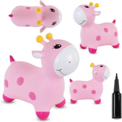 Afbeelding van Opblaasbaar springdier, speelgoed voor kinderen van 1 jaar binnen en buiten, ergonomisch design, inclusief handpomp (roze giraf)