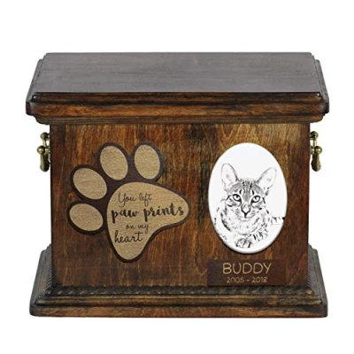 Afbeelding van Egyptische Mau urn voor kattenas, met foto en gepersonaliseerde box