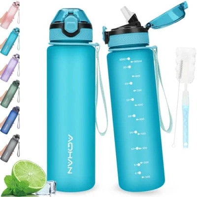 Afbeelding van Aohan waterfles van 1 liter met lekvrije klapdeksel, BPA vrije sportdrinkfles rietje, vaatwasmachinebestendig, niet giftige draagriem