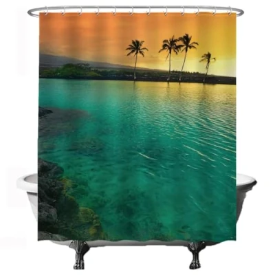Afbeelding van Ulticool Douchegordijn Zee Strand Palmboom Zonsondergang 180 x 200 cm met 12 ringen Blauw Groen Geel