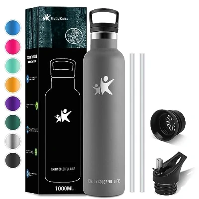 Afbeelding van KollyKolla Thermosfles, 1 liter, roestvrijstalen drinkfles met rietje, BPA vrije waterfles, herbruikbaar, lekvrij, voor kinderen, volwassenen, sport, fietsen, 2 doppen