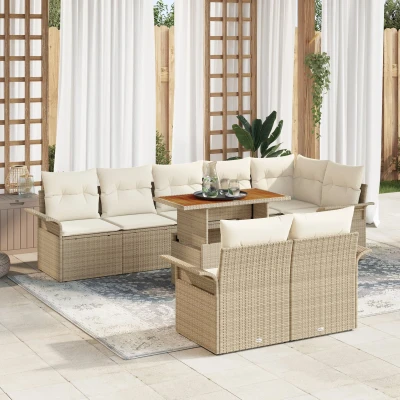 Afbeelding van vidaXL 9 delige tuin eetset met kussens Beige Poly Riet Acacia