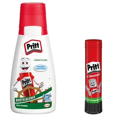 Afbeelding van Pritt knutsellijm, transparant drogende alleslijm voor thuis, op school of kantoor, witte knutsellijm kinderen, voordeelverpakking met 1 fles à 100 g en Stick Kebestift 11