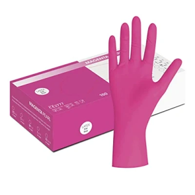 Afbeelding van Herrmann Nitril handschoenen, magenta/roze, 100 stuks, maat S, wegwerphandschoenen in praktische dispenserdoos, ideaal voor hygiënegebieden, zoals cosmetica, levensmiddelen enz., zonder