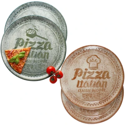 Afbeelding van MamboCat Set van 4 pizzaborden, crème en groen, Ø 33 cm, voor personen, grote pizzaborden porselein met decoratie spreuk, pizza of het serveren, eetbord XL