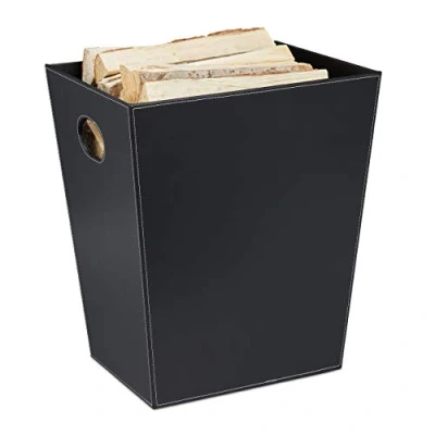Afbeelding van Relaxdays houtmand kunstleer zwart houtopslag brandhout mand openhaard accessoire