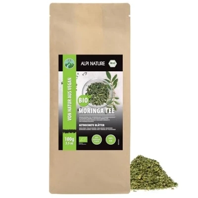 Afbeelding van biologische moringa bladeren, gedroogde thee uit gecontroleerde teelt, gesneden 100% natuurlijk, zonder additieven (100