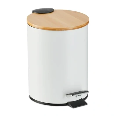 Afbeelding van Relaxdays pedaalemmer 3 L bamboe deksel afvalbakje badkamer keuken softclose wit