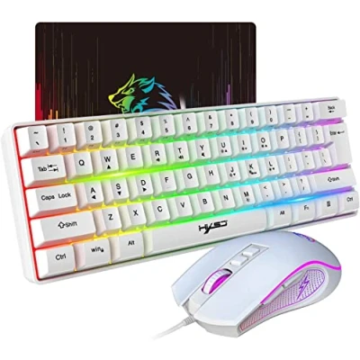 Afbeelding van HXSJ V700 Gaming toetsenbord en muisset, 60% gamingtoetsenbord, compacte lay out met 61 toetsen, RGB achtergrondverlichting, optische sensormuis kleurrijk ledlicht, tot 3600 dpi, voor pc, Mac, wit