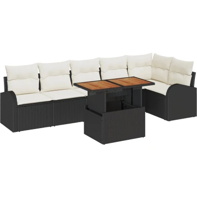 Afbeelding van vidaXL 7 delige tuin eettafel set met kussens zwart poly rattan acacia